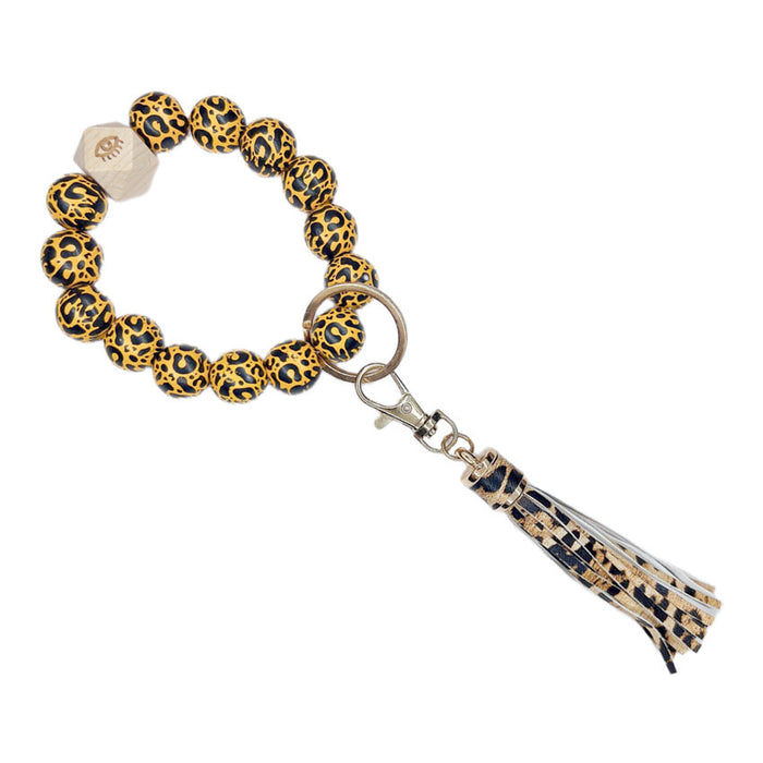 Jewelry WholesaleWholesale Leopard Wood Beaded PU Tassel Wrist Keychain JDC-KC-WuoD022 Keychains 沃铎 %variant_option1% %variant_option2% %variant_option3%  Factory Price JoyasDeChina Joyas De China