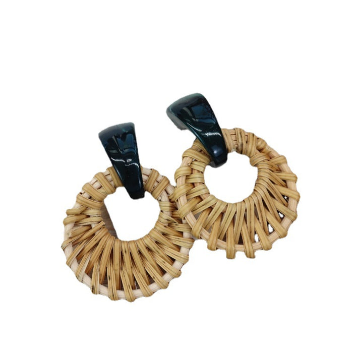 Wholesale Handmade Rattan Woven Stud Earrings Bohemian Beach Vacation Style JDC-ES-Luox004