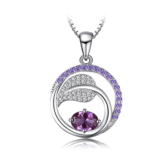 Wholesale Amethyst Luxury Round Leaf Pendant Silver Chain Necklace JDC-NE-ery003