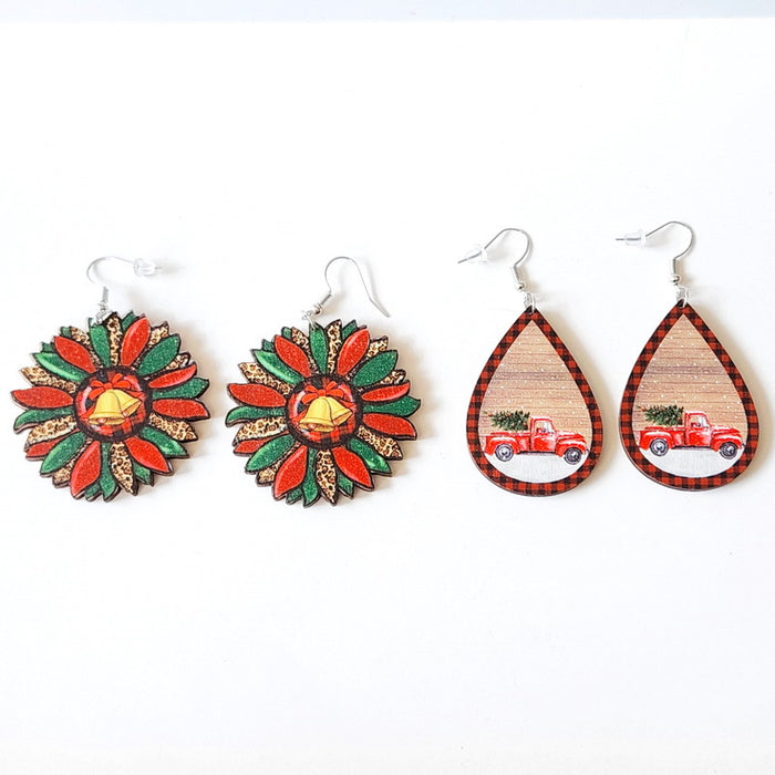 Wholesale Earrings Wooden Christmas Bells Leopard Sunflower JDC-ES-Xuep085