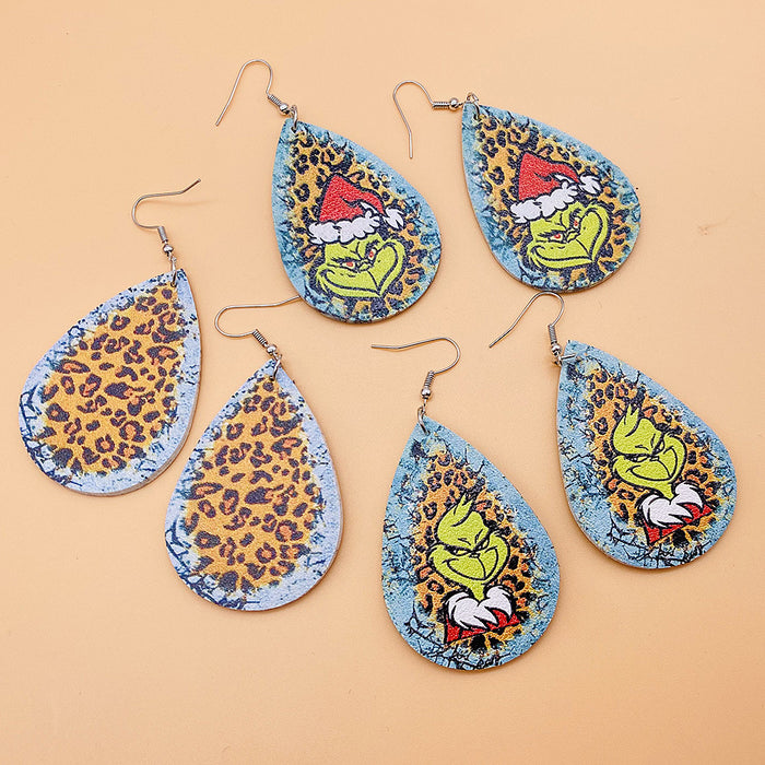 Wholesale Earrings Leather Christmas Leopard Green Frog Drop Shape MOQ≥2 JDC-ES-PuCi007