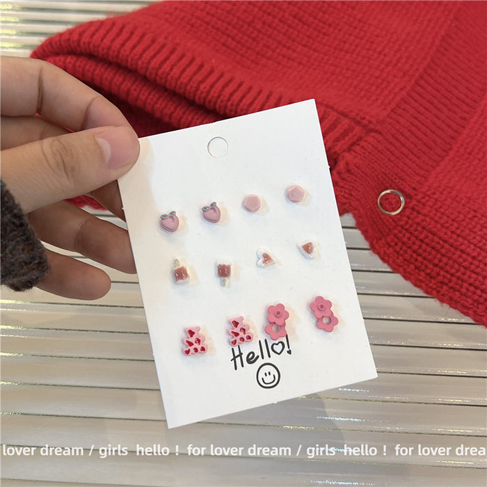 Wholesale Fruit Stud Earrings Set Sweet and Cute Pink Spray Paint MOQ≥2 JDC-ES-Lfm006