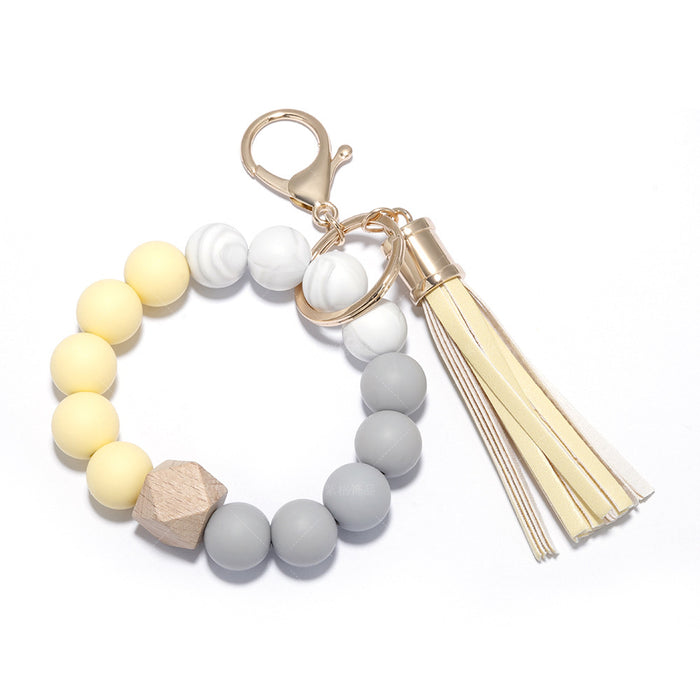 Wholesale Silicone Beaded PU Leather Tassel Wristlet Keychain JDC-KC-ZiGe001