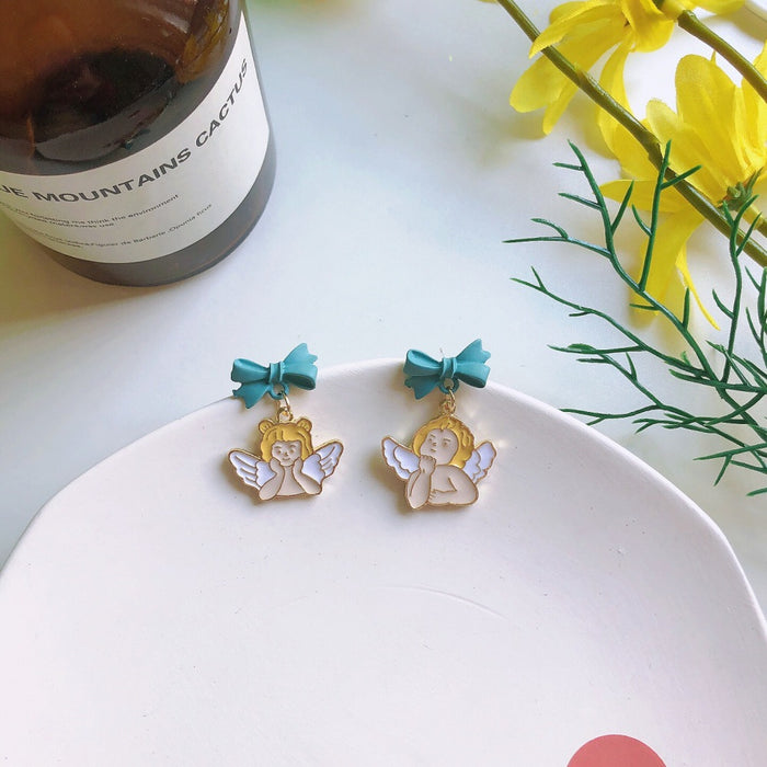 Wholesale Earrings Alloy Blue Bow Knot Asymmetric Angel JDC-ES-MoN010