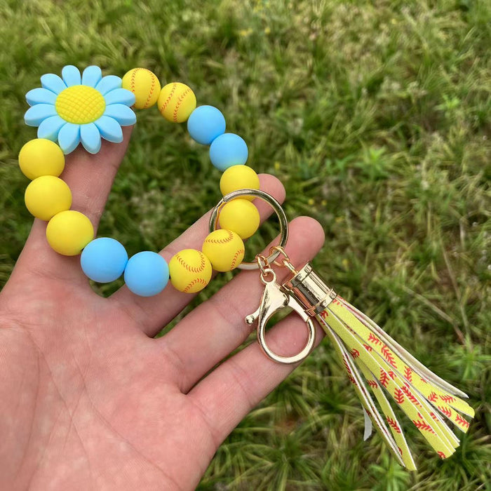 Wholesale Daisy Sunflower Baseball Silicone Beaded Wristlet Keychain MOQ≥2 JDC-KC-QXue006