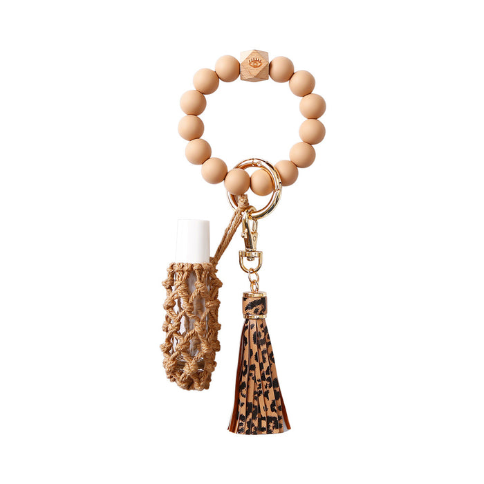 Wholesale Skull Hairball Leather Tassel Silicone Beaded Wristlet Keychain JDC-KC-JM036