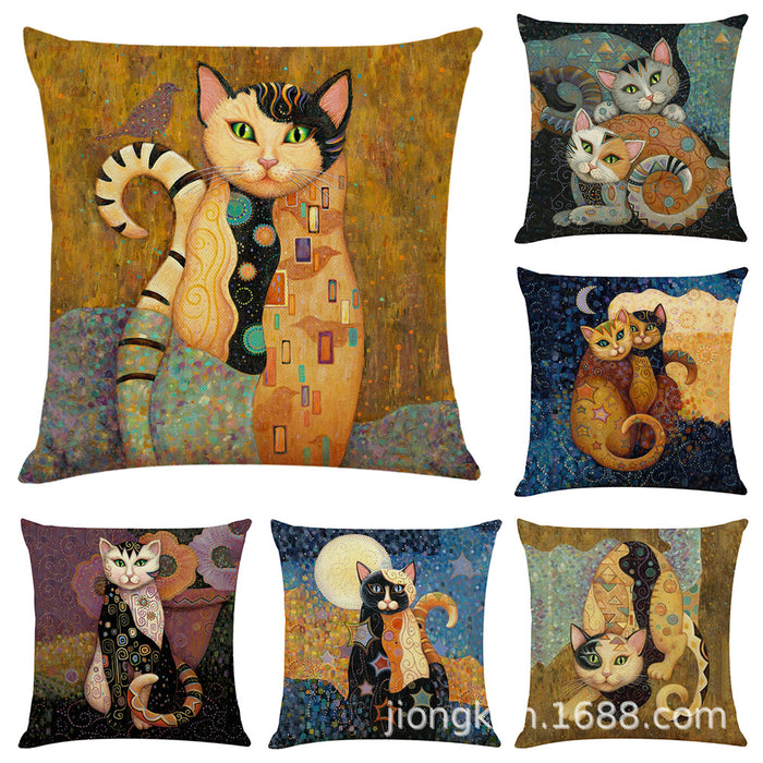 Wholesale Pillow Cover Art Mural Cat Print Cotton Linen Hug JDC-PW-Jiongkun003