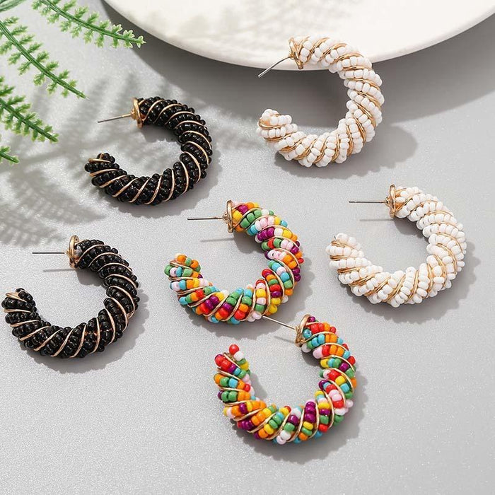 Wholesale Bohemian C Shape Rice Bead Braided Resin Alloy Earrings MOQ≥2 JDC-ES-OuZhe001