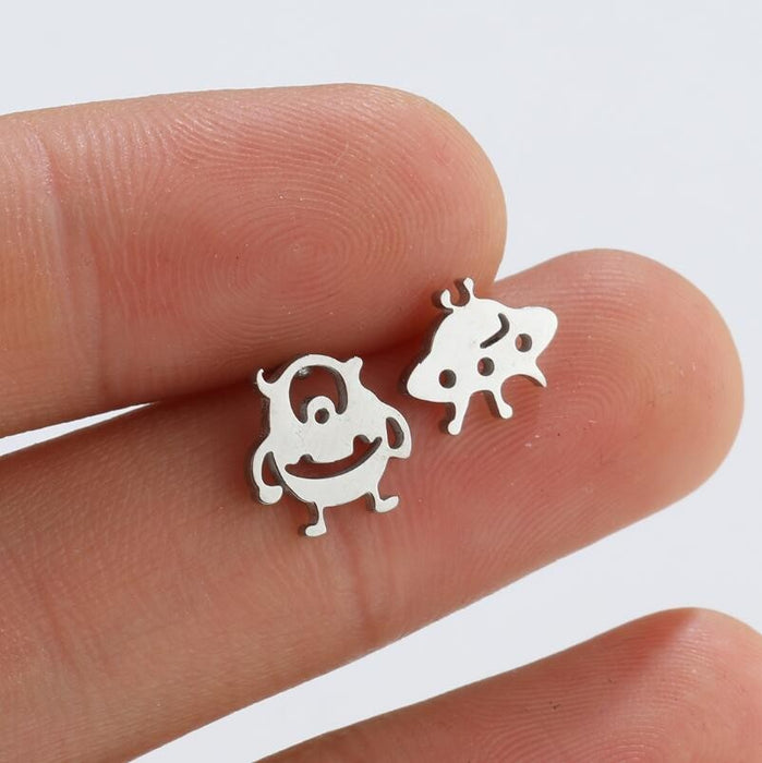 Wholesale Earrings Titanium Steel Asymmetric Alien Cartoon Cute Stud Earrings JDC-ES-JS005