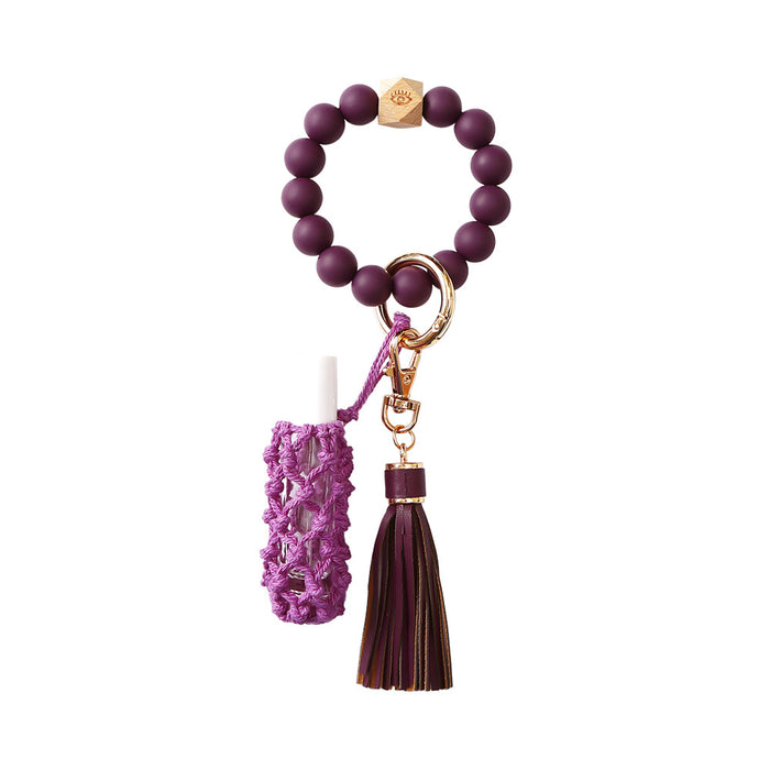 Wholesale Skull Hairball Leather Tassel Silicone Beaded Wristlet Keychain JDC-KC-JM036