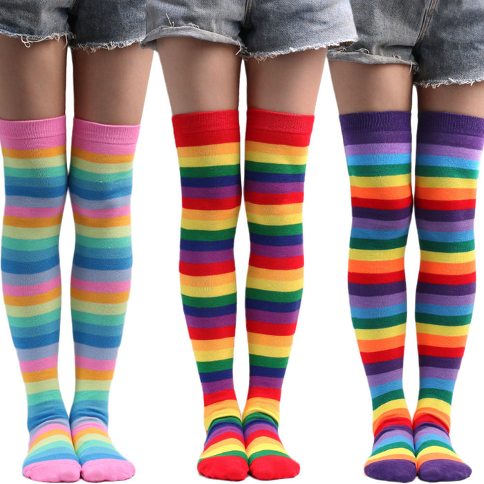 Wholesale Socks Polyester Rainbow Stripe Over-the-Knee Socks MOQ≥3 JDC-SK-XQ003