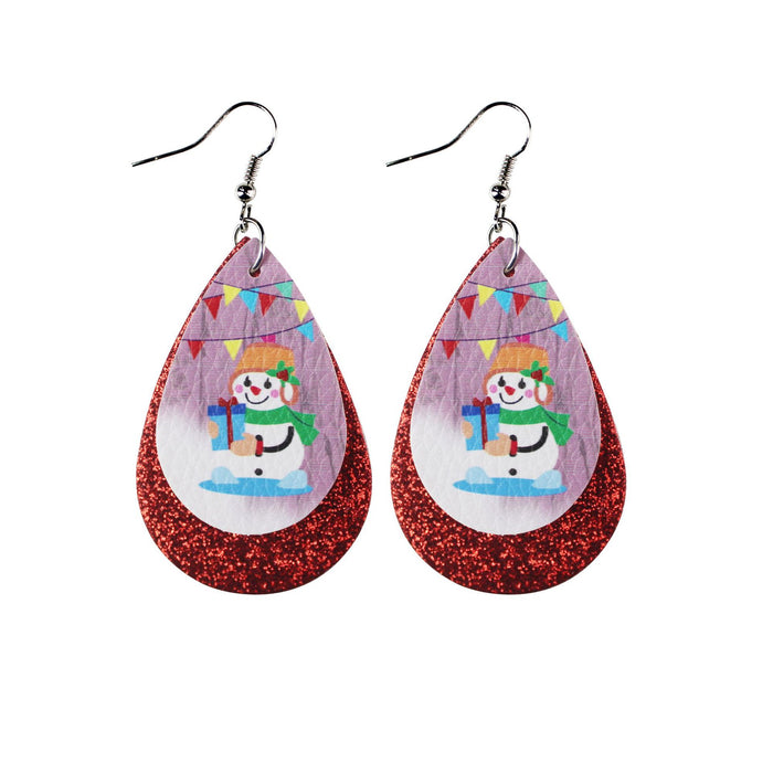 Wholesale Earrings PU Christmas Double Layer Snowman Gift MOQ≥2 JDC-ES-Tianpi008