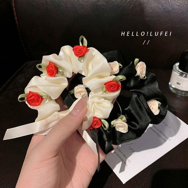 Wholesale fabric vintage rose large intestine hair tie bow JDC-HS-tengZ007