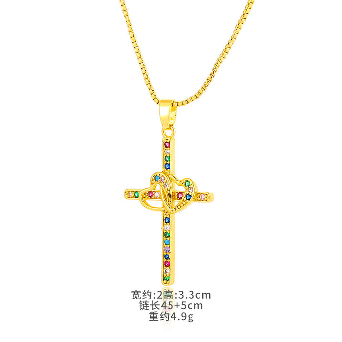 Wholesale Bow Cross Pendant Brass Gold Plated Micro Set Zircon JDC-NE-DRY001