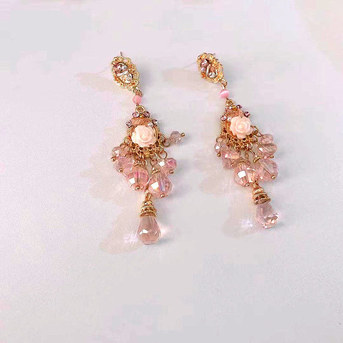 Jewelry WholesaleWholesale vintage pink rose flower crystal tassel pendant earrings JDC-ES-HanD001 Earrings 韩朵 %variant_option1% %variant_option2% %variant_option3%  Factory Price JoyasDeChina Joyas De China