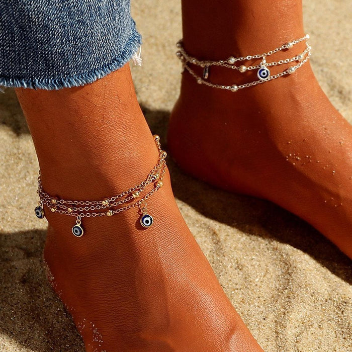 Wholesale Summer Boho Beach Multilayer Blue Eye Pendant Anklet JDC-AS-JinM004