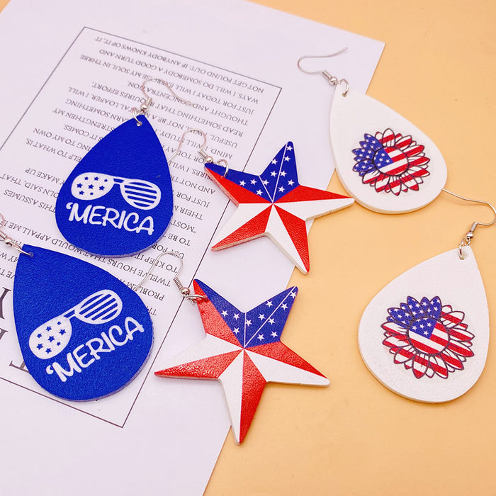 Wholesale 4th of July American Flag Leather Earrings Pentagram Independence Day Double Sided Print JDC-ES-Chengy020