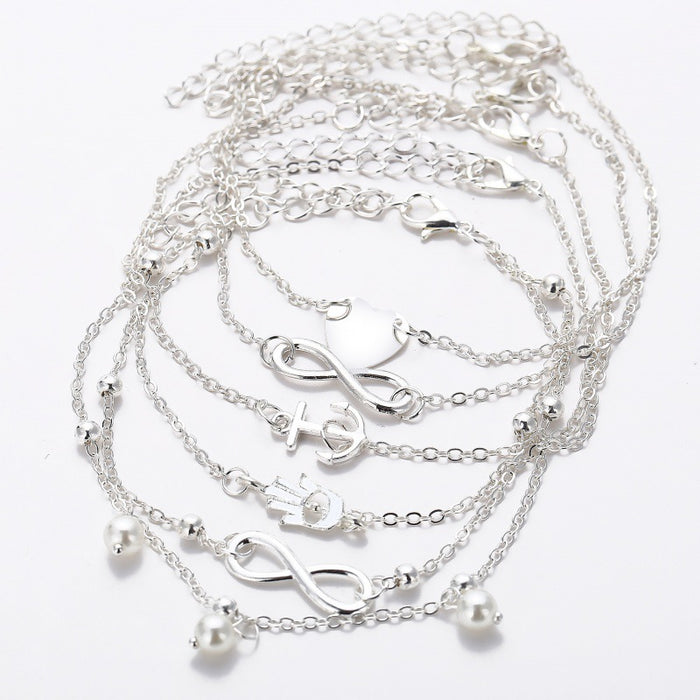 Wholesale Set Combination Pearl Love Various Anklets 5 Piece Sets MOQ≥2 JDC-AS-RuiP002