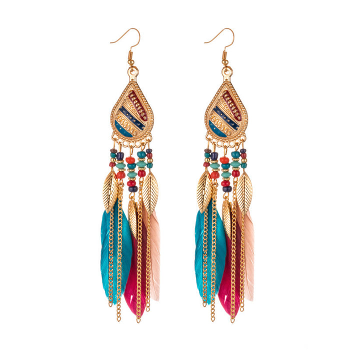 Jewelry WholesaleWholesale Boho Rice Beads Feather Tassel Alloy Earrings JDC-ES-Daiq030 Earrings 黛茜 %variant_option1% %variant_option2% %variant_option3%  Factory Price JoyasDeChina Joyas De China