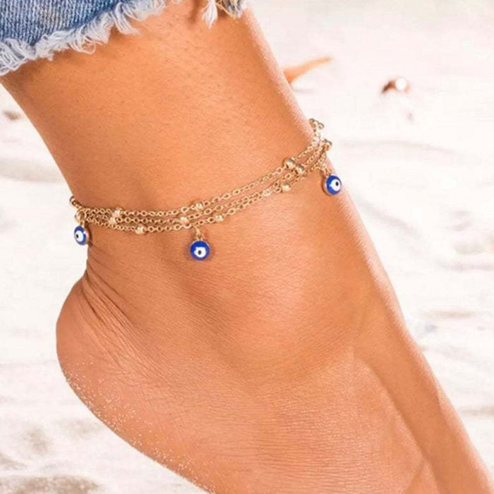 Wholesale Summer Boho Beach Multilayer Blue Eye Pendant Anklet JDC-AS-JinM004