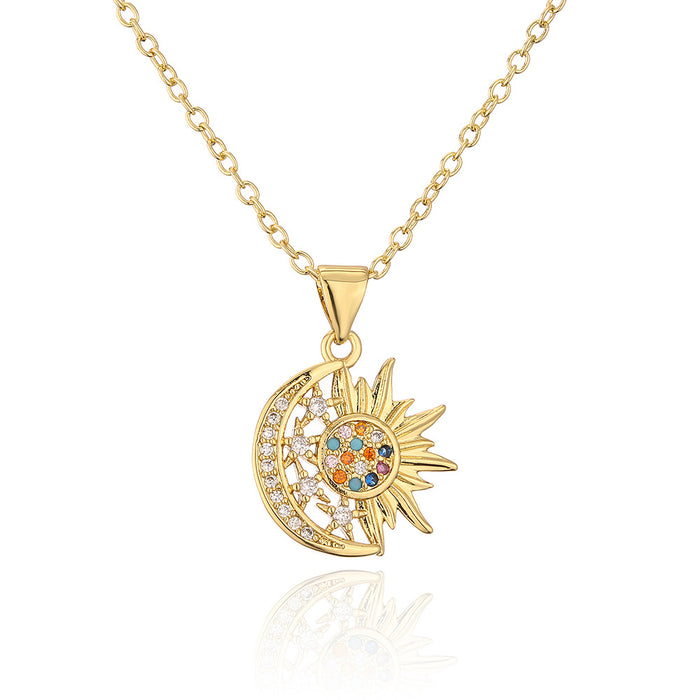 Wholesale Copper 18K Gold Zircon Sun Moon Star Necklace JDC-NE-AG152