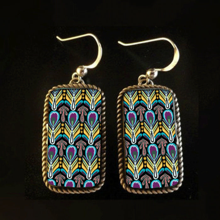 Wholesale Boho Peacock Feather Pattern Square Short Drop Earrings JDC-ES-JYS015