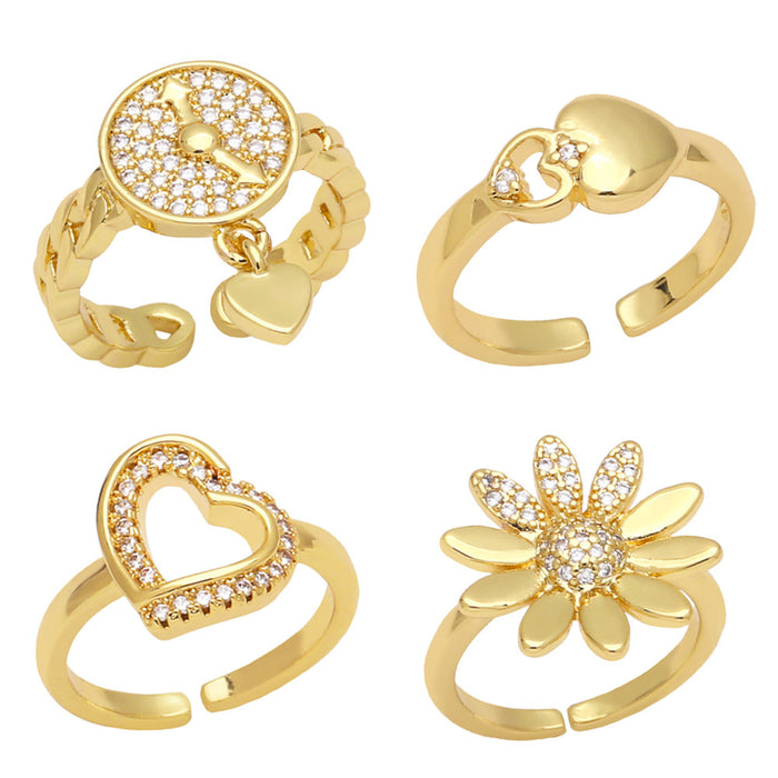 Wholesale Ring Copper Plated 18K Gold Zircon Clock Heart Shape Adjustable JDC-PREMAS-RS-001