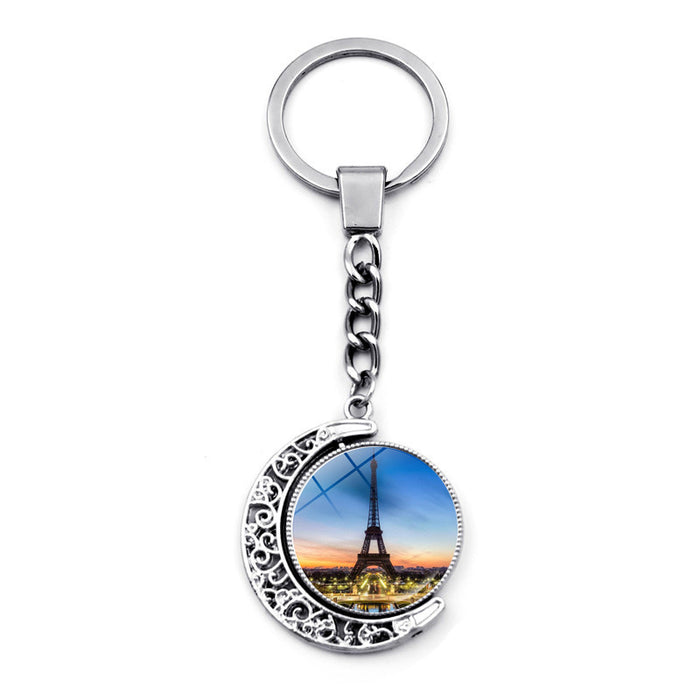 Wholesale Keychain Alloy Time Gemstone Eiffel Tower Double Sided Rotating Pendant Ornament JDC-KC-JiaY012