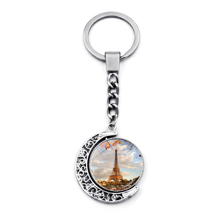 Wholesale Keychain Alloy Time Gemstone Eiffel Tower Double Sided Rotating Pendant Ornament JDC-KC-JiaY012