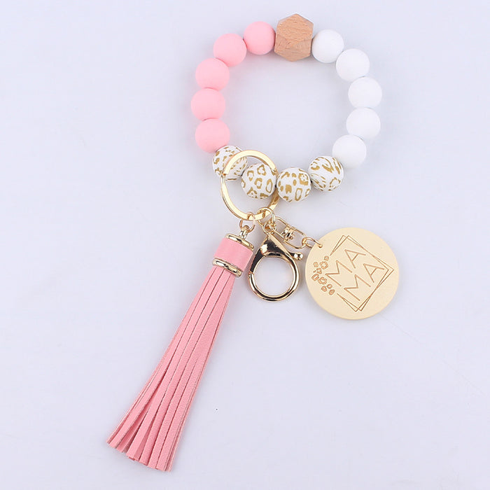 Wholesale MAMA Leopard Print Silicone Beaded Wrist Keychain JDC-KC-GuangTian002