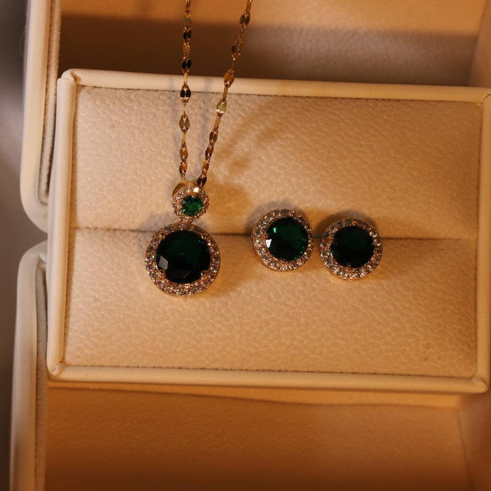 Wholesale Necklace Stainless Steel Emerald Zircon Earrings Set JDC-NE-MingYuan004