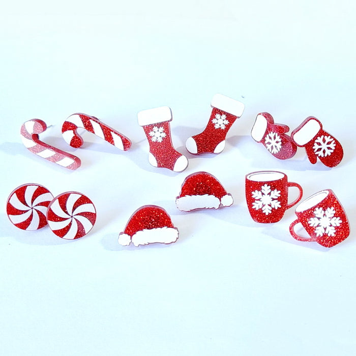 Wholesale Earrings Acrylic Cute Red Glitter Christmas Hats Socks Gloves JDC-ES-Xuep073