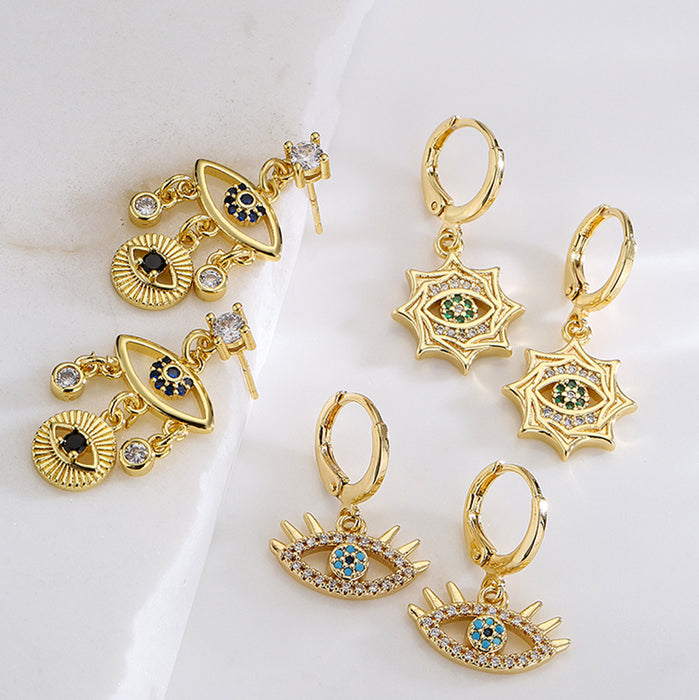 Wholesale Earrings Copper Real Gold Plated Micro Set Zircon Devil's Eye Vintage JDC-ES-PREMAG010