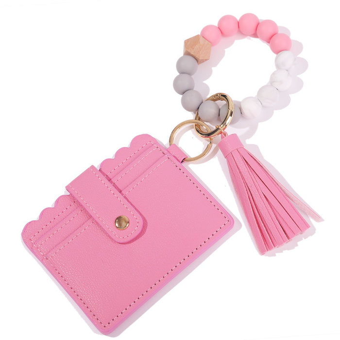 Jewelry WholesaleWholesale PU Leather Silicone Beaded Tassel Card Holder Keychain JDC-KC-JinHan002 Keychains 金涵 %variant_option1% %variant_option2% %variant_option3%  Factory Price JoyasDeChina Joyas De China