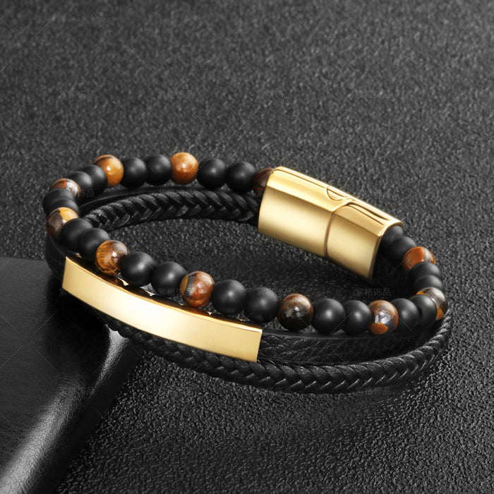 Wholesale tiger eye natural stone bead leather rope weaving Mens Leather Bracelet JDC-BT-ZiGe004