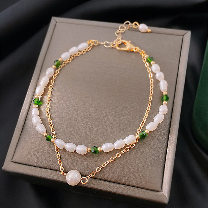 Wholesale Bracelet Pearl Double Baroque Green Crystal JDC-BT-NianJ005