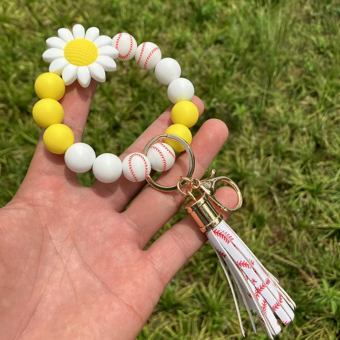 Wholesale Daisy Sunflower Baseball Silicone Beaded Wristlet Keychain MOQ≥2 JDC-KC-QXue006