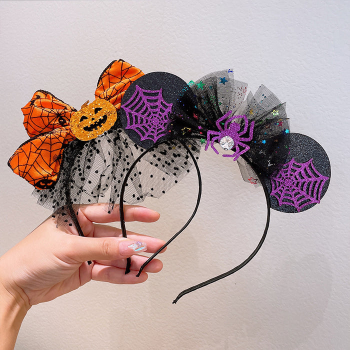 Wholesale Headband Mixed Material Halloween Pumpkin Party Bow Mesh JDC-HD-ZHENX001