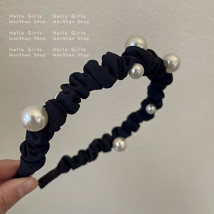 Wholesale Retro Small Fragrance Pearl Pleated Satin Versatile Headband JDC-HD-DiShuo004