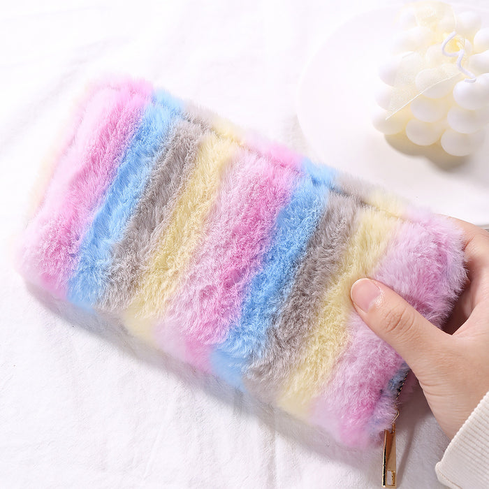 Wholesale Plush Gradient Rainbow Long Wallet JDC-WT-HongHua002