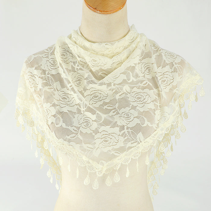 Wholesale Nylon Lace Triangular Scarf Rose Flower Tassel Triangle Scarf JDC-SF-WenJ002