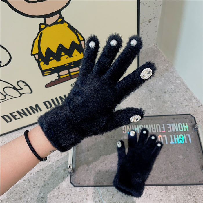 Wholesale Gloves Polyester Rhinestone Pearl Heavy Industry Plus Velvet Knit Fingering JDC-GS-HuiT002