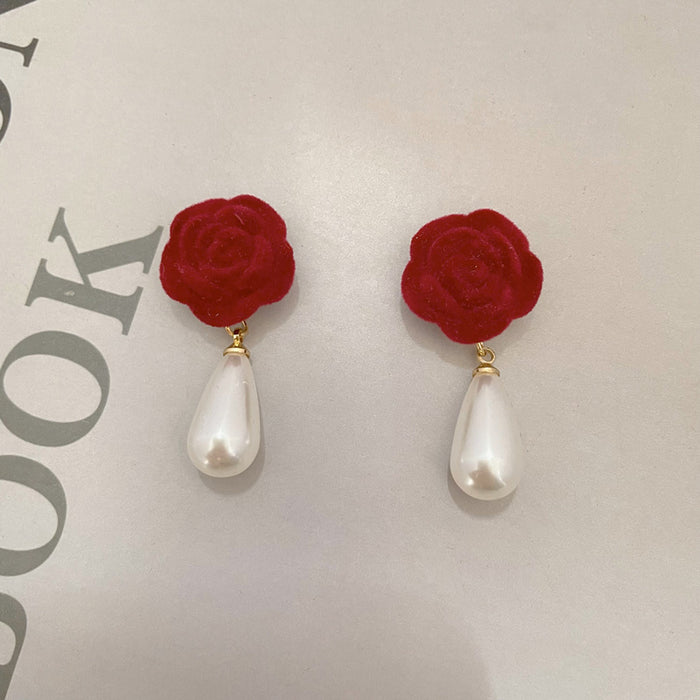 Wholesale Earrings Pearl Vintage Wine Red Flocking Rose Flowers JDC-ES-ABL008