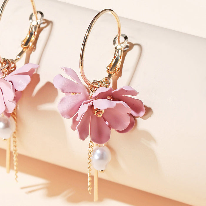 Wholesale Earrings Alloy Pink Flowers Tassel Pearls MQO≥2 JDC-ES-lingg023