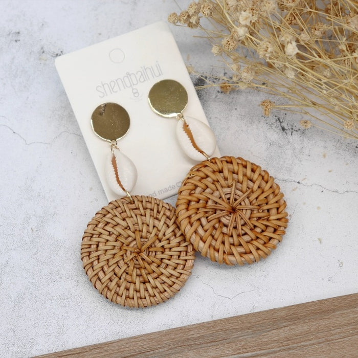 Wholesale Handmade Rattan Woven Stud Earrings Bohemian Beach Vacation Style JDC-ES-Luox004