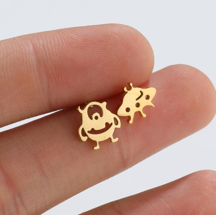 Wholesale Earrings Titanium Steel Asymmetric Alien Cartoon Cute Stud Earrings JDC-ES-JS005