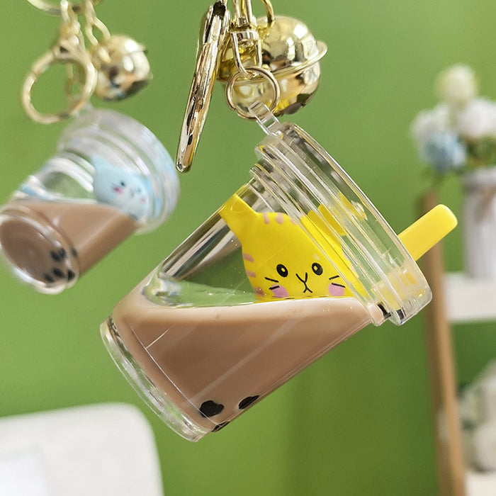 Wholesale Keychain Quicksand Bottle Floating Cat Milk Tea Cup Acrylic JDC-KC-WAN027