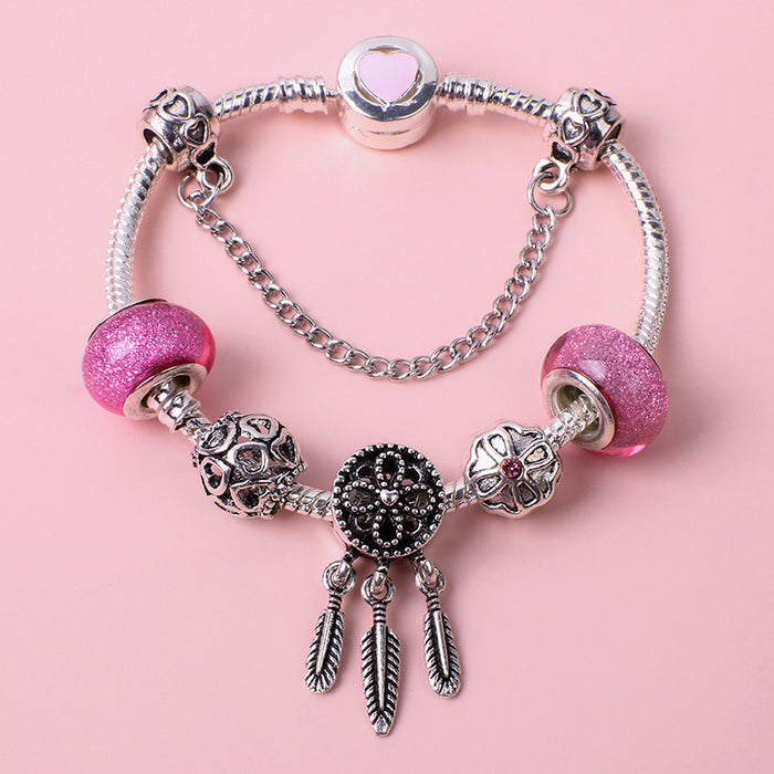 Wholesale Pink Glazed Alloy Zircon Dreamcatcher Bracelet JDC-BT-YouD004