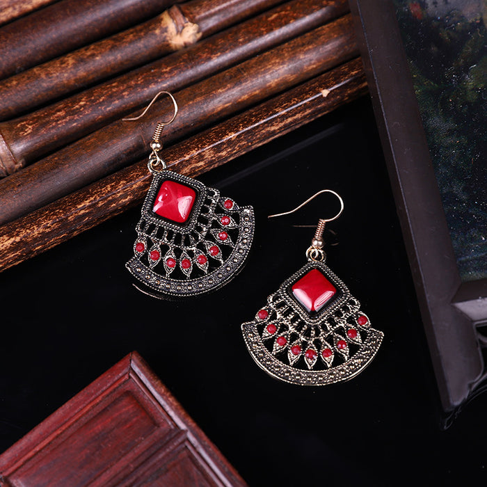 Wholesale Earrings Metal Vintage Ethnic Fan Shape Rice Beads Acrylic Drills MOQ≥2 JDC-ES-Daiq044