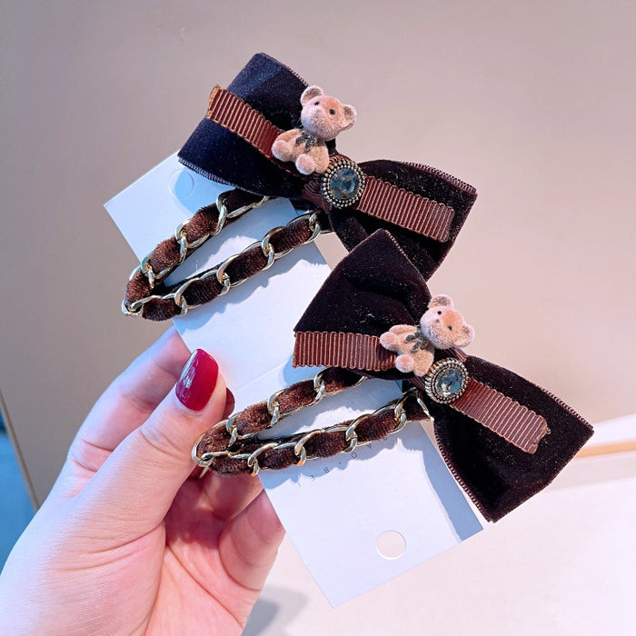 Wholesale Retro Small Fragrance Chain Bear Bow Knot Hair Clip JDC-HC-HuaJ004